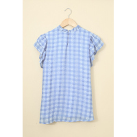 Light Blue Plaid Ruffled Short Sleeves Tee