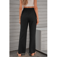 Black Drawstring Elastic Waist Pockets Long Straight Legs Pants