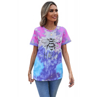 Pink Bee Happy Graphic Tie-dye Cotton Blend Tee