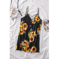 Black Sunflower Pattern Buttoned Slip Cami Dress