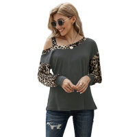 Gray Dew Shoulder Leopard Stitching Long-sleeved Blouse