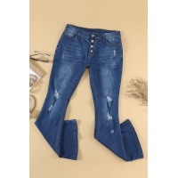 Dark Blue Mid Rise Button Front Flare Denim 