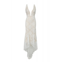 White V-neck Backless Lace Wedding Sweeping Floor Evening Dress