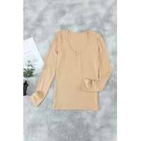 Khaki U Neck Button Knit Long Sleeve Top