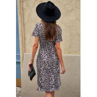 Leopard Short Sleeve Pocketed Drawstring Casual Dress