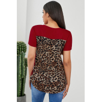 Red Leopard Printed Splicing T-Shirt