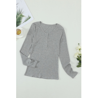 Gray Scoop Neck Buttoned Front Long Sleeve Knitted Top