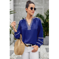 Blue V Neck Bohemian Printed Lantern Sleeve Blouse