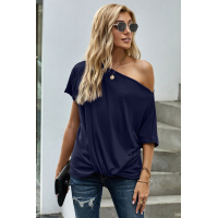 Blue Off-The-Shoulder Slash Neck Casual Loose Fitting Top