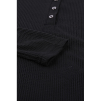 Black Solid Color Ribbed Texture Slim Top with Button