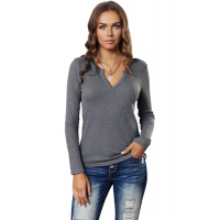 Gray V Neck Cotton Blend Long Sleeve Top