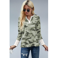 Long Sleeve Cutout V Neck Camo Top