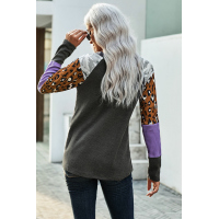 Gray Multi Print Color-block Sleeves Waffle Knit Top