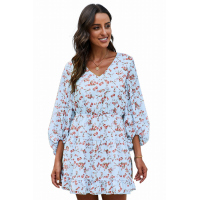 Sky Blue V Neck Lantern Sleeves Floral Tunic Dress