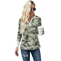 Long Sleeve Cutout V Neck Camo Top