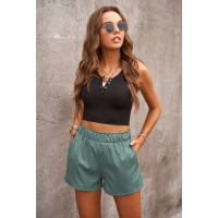 Green Cotton Blend Pocketed High Rise Shorts 