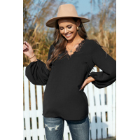 Black Lace V Neck Balloon Sleeves Top