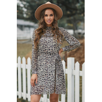 Leopard Ruffled Zipper Lantern Sleeve Mini Dress