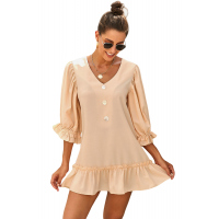 Beige Casual Loose V Neck Short Swing Dress