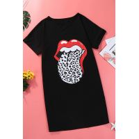 Black Lip Print Summer Casual Tee Mini Dress