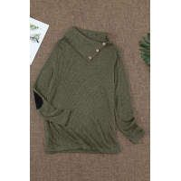 Army Green Buttoned Neck Knit Long Sleeves Top