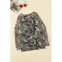 Leopard Camo Splicing Print V Neck Long Sleeve Top