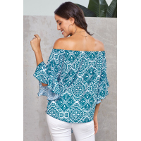 Sky Blue Bohemian Floral Print Off The Shoulder Blouse