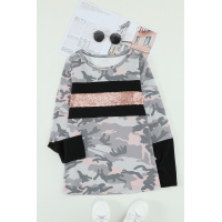 Sequin Highlight Camo Print Long Sleeve Top