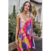 Rose U Neck Gradient Color Printed Sling Sleeveless Swing Mini Dress