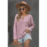 Pink V Neck Washed Grommet Top