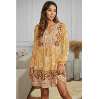 Yellow V-neck Floral Print Long Sleeve Tunic Mini Dress