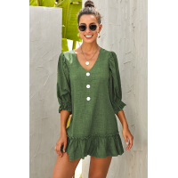 Green Casual Loose V Neck Short Swing Dress