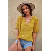 Yellow Lace Splicing V-Neck Swiss Dot Short Sleeve Top