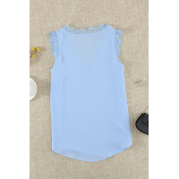 Sky Blue Sleeveless Eyelash Lace V Neck Tank Top