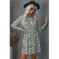 Gray Long Sleeve Leopard Print Mini Dress