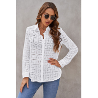 White Long Sleeve Eyelet Floral Pattern Hollow-out Shirt