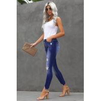 Blue High Rise Button Front Frayed Ankle Skinny Jeans