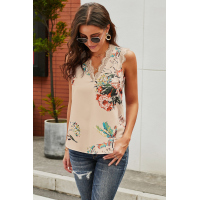 Apricot V Neck Lace Trim Floral Tank