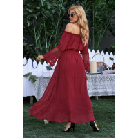 Wine Off Shoulder Embroidered Flared Sleeve Lace Maxi Dress