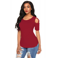 Burgundy Crisscross Cold Shoulder Short Sleeve Shirt