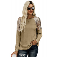 Apricot Sequin Shoulder Long Sleeve Top