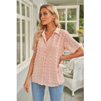 Buttoned Swiss Dot Turn-down Collar Short Sleeve Shirt