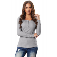 Gray Solid Color Ribbed Texture Slim Top with Button