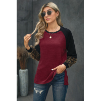 Wine Leopard Splicing High and Low Hem Lantern Sleeve Top with Slits