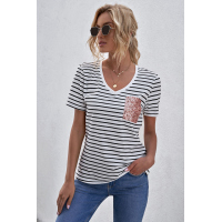 V Neck Striped T-shirt with Patch Pocket