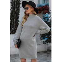 Gray Mock Neck Lantern Sleeves Sweater Dress