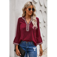 Red Boho Floral V Neck Long Sleeve Casual Top