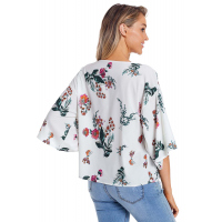 White Flowery Print Tie Front Kimono Sleeve Blouse