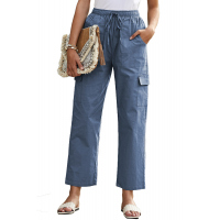 Blue Driven Linen Blend Pocketed Cargo Pants