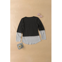 Stripe Pocket Sequins Splicing Long Sleeve O-neck Top